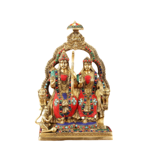 Brass Rama Sita Hanuman Idol Set | 11" x 8" x 4" (28 x 20.3 x 10.2 cm) | 4 kg Throne Setting with Stonework | Divine Trio Sacred Art | Premium Murti